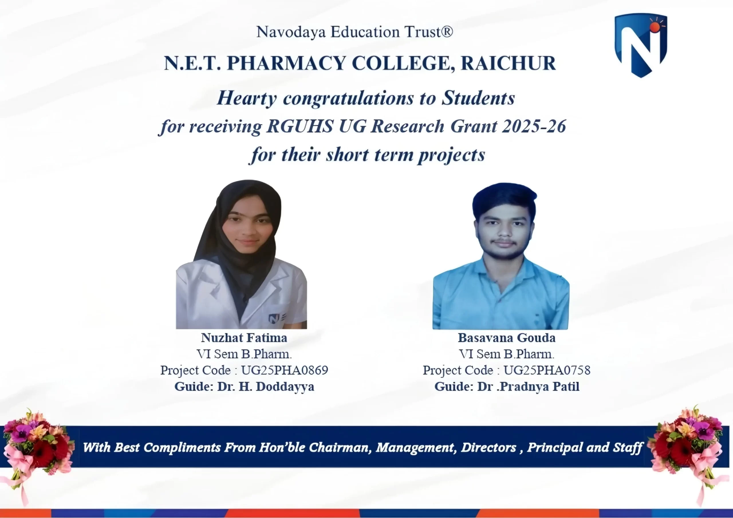RGUHS Undergraduate Research Grant 2025–26: N.E.T Pharmacy College Students Achieve Remarkable Success