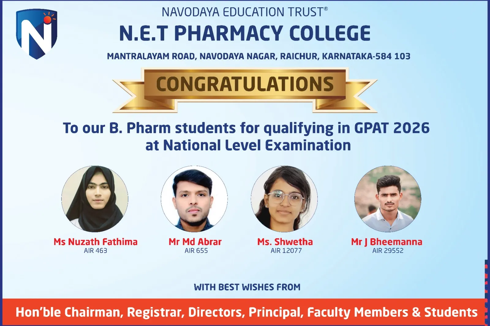 N.E.T Pharmacy College Students Excel in GPAT 2026