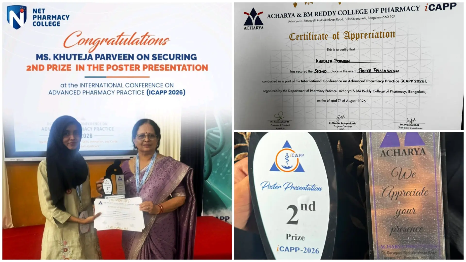 Khuteja Parveen Wins Second Prize at iCAPP 2026 | N.E.T. Pharmacy College